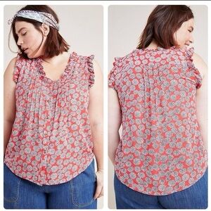 EUC Maeve Anthropologie Red & White Floral Blouse with Buttons & Ruffle Detail
